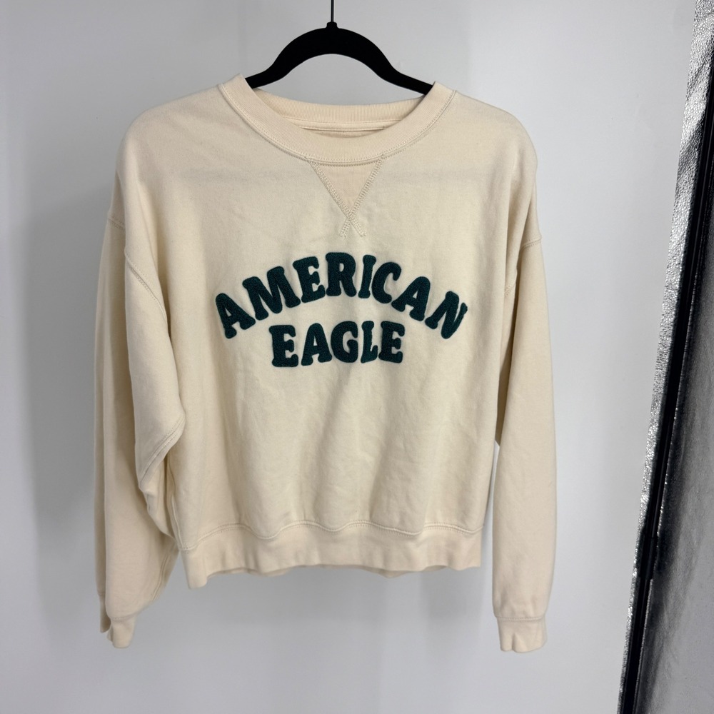 American Eagle Women Cream Green Logo Crewneck Fleece Sweatshirt XS Relaxed Fit